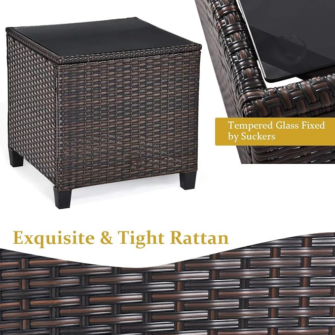 DORTALA Wicker Patio Furniture Set 3 Piece, Outdoor Table and Chairs with Tempered Glass Tabletop, Cushions, Small Rattan Conversation Sofa Set for Balcony, Porch, Backyard, Deck, Beige