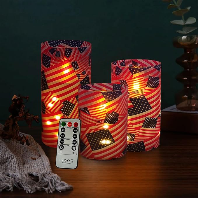 NJAO HOO Flickering Flameless Candles, LED Candles 3D Wick Acrylic Battery Operated LED Pillar Candles with Remote and Timer for Day 4th of July Decor Set of 3(American Flag)