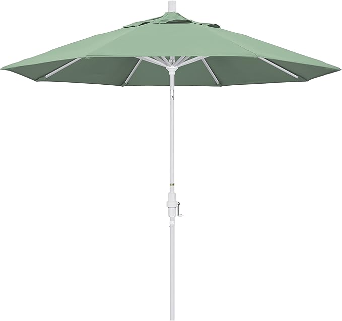 California Umbrella 9' Round Aluminum Market Umbrella, Crank Lift, Collar Tilt, White Pole, Pacifica Pacific Blue