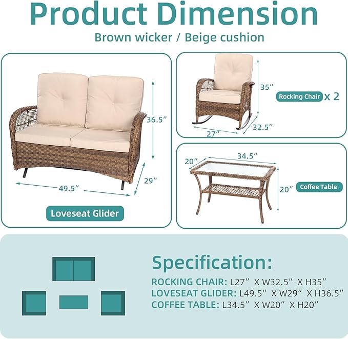MEETWARM 4-Piece Outdoor Patio Wicker Conversation Set with Glider Loveseat, 2 Chairs, Coffee Table & Rocking Chair - Thickened Cushions