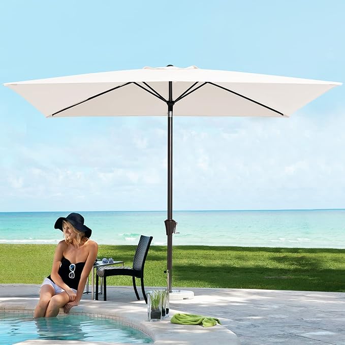 JEAREY 6.5x10ft Olefin Rectangular Patio Umbrella, Rectangle Outdoor Umbrellas with Auto Tilt Crank System, Market Table Umbrella UV Protection Fade-Resistant for Pool Deck Garden Yard, Cream White