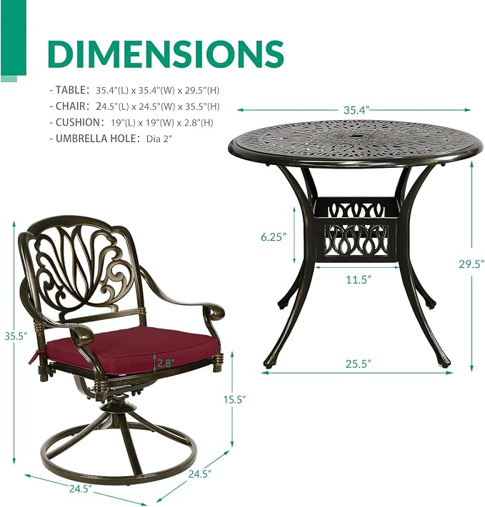 VIVIJASON 3-Piece Patio Furniture Dining Set, Outdoor All-Weather Cast Aluminum Bistro Set, Include 2 Swivel Chairs and 35.4" Round Table w/Umbrella Hole for Balcony, Lawn, Garden (Red Cushion)