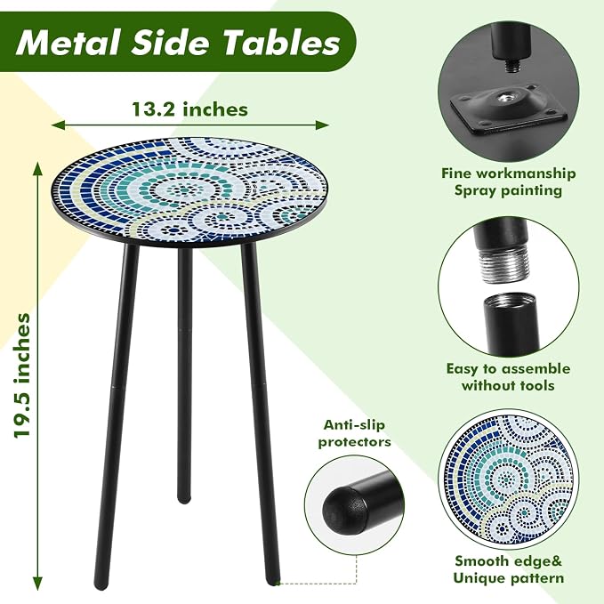 Party Zealot 2 Packs Metal Mosaic Round Side Tables 13.4" Small Outdoor Patio Round Accent Coffee Tables Indoor Corner Stand for Small Spaces Weather-Resistant for Balcony, Porch Plant Stands Indoor