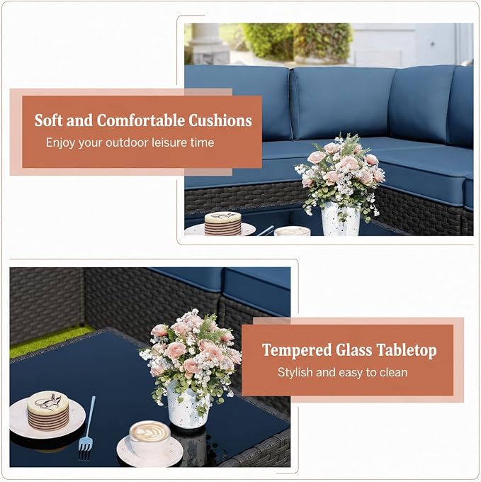 JAMFLY 5-Piece Patio Furniture Set, Outdoor Wicker Sectional Sofa with 4-Inch Thick Cushions & Coffee Table, All-Weather PE Rattan Conversation Set for Backyard, Garden, Poolside, Aegean Blue