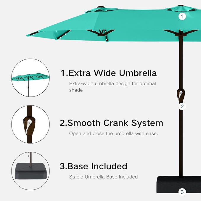 Kingdura 15ft Large Patio Umbrella with Solar Lights, Double-Sided Rectangle Outdoor Table Umbrella with Base Included, 12 Reinforced Ribs, 48 Led Lights, Crank Lift for Market Pool Deck, Tiffany blue