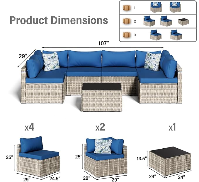 7-Piece Gray Rattan Patio Furniture Sets, Outdoor Conversation Sofa Sets with Water Resistant Blue Cushions & Tempered Glass Coffee Table, Modular Outdoor Sectional Sofa Sets with 2 Pillows
