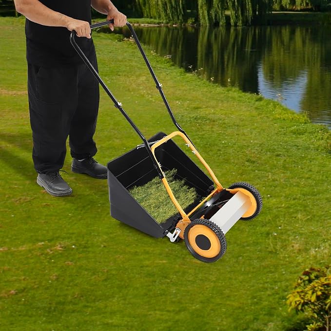 Manual Mowers 14-Inch 5-Blade Push Reel Lawn Mower with Detachable Grass Collecting Box Hand Push Lawn Mower with Adjustable Cutting Height for Garden, Yard 2 Wheels 2-in-1 Function