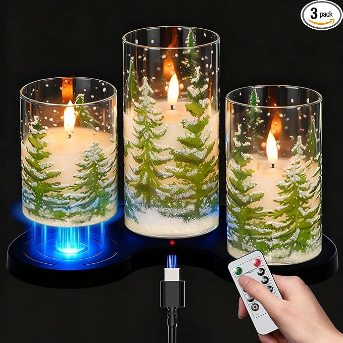 Wondise Rechargeable Christmas Glass Flameless Candles with Remote Timer, Battery Operated LED Real Wax 3D Wick Candles with Charging Base, Set of 3 Christmas Home Decoration Gifts(3 x 4 5 6 Inch)