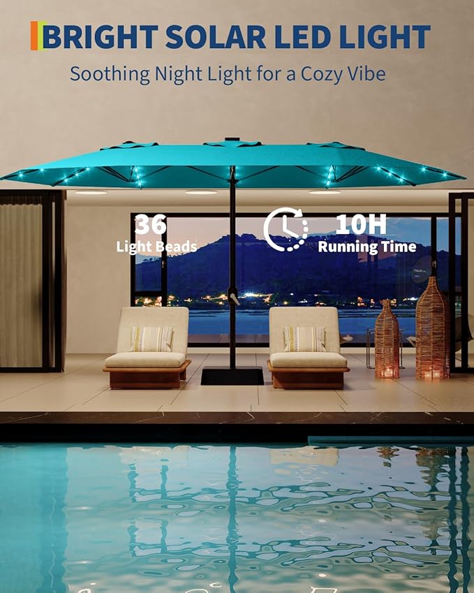 GarveeLife 15 ft Large Patio Umbrella with Lights, 36 LED Lights Double-sided Patio Umbrella with Weighted Base for Poolside Garden Backyard