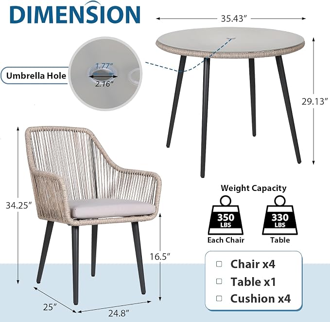 JOIVI 5 Piece Outdoor Dining Set, Wicker Patio Furniture Dining Table and Chairs Set with Cushions for 4 People, Tempered Glass Tabletop with 2.16” Umbrella Hole, for Lawn, Backyard, Garden