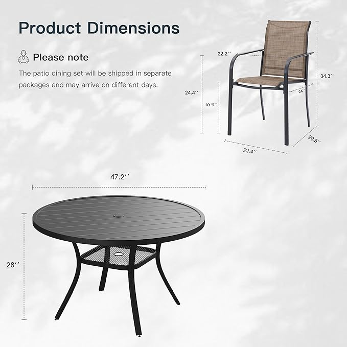 VICLLAX 7 Pieces Patio Outdoor Dining Set, 47.2" Round Metal Table with Umbrella Hole and 6 Stackable Textilene Chairs for Patio, Lawn, Garden, Porch, Black/Brown