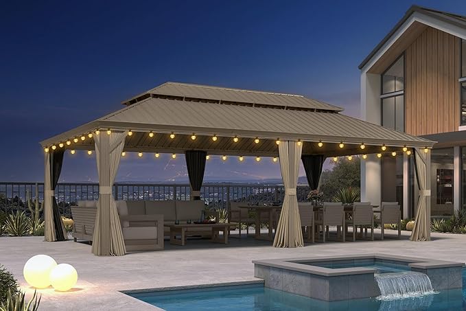 PURPLE LEAF Outdoor Gazebo 14'X24'，Champagne Hardtop Gazebo with Galvanized Steel Double Roof, Permanent Patio Gazebo with Curtains and Netting for Patio Lawn Garden and Deck