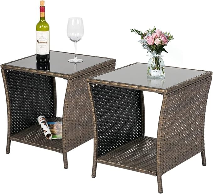Kinfant Wicker Rattan Coffee Table - Square Tempered Glass Top Furniture with Storage for Outdoor Backyard Lawn Balcony Pool Patio