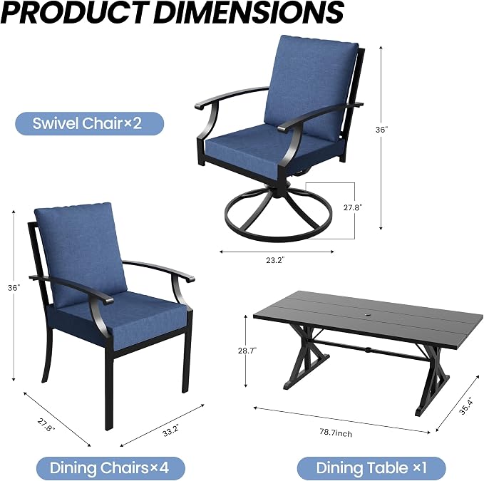 7 Pieces Patio Dining Set Outdoor Conversation Set,Metal Outdoor Furniture Set with Umbrella Hole Cut-Out 78.7" x 35.4" Table and 8 Metal Chairs for Backyard,Garden,Navy