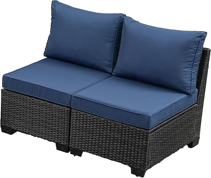 Outdoor Wicker Armless Sofa2 Pack, Patio Rattan Sectional Sofa Set with Thick Seat Cushions and 2 Back Cushions for Garden, Backyard, Poolside Poolside Navy
