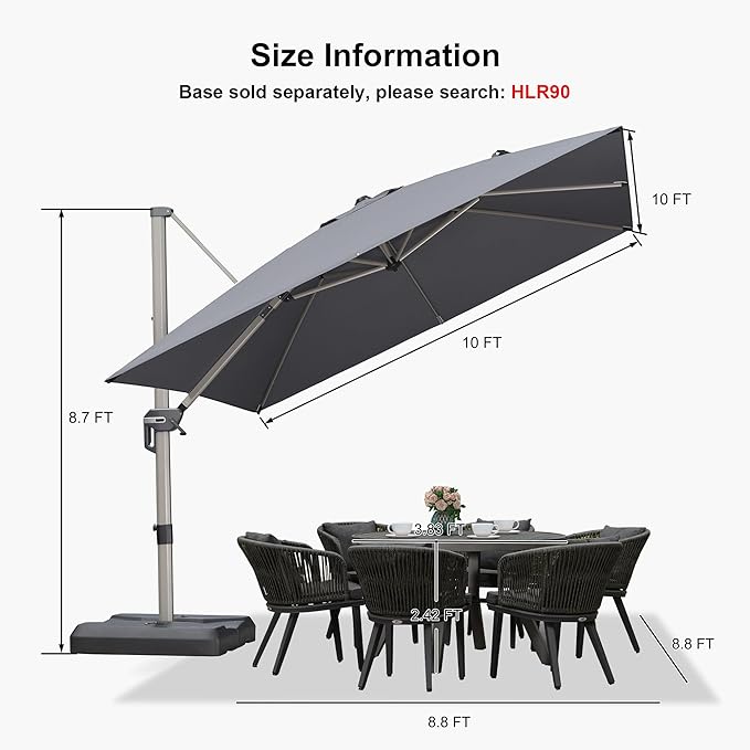PURPLE LEAF 10’ X 10‘ Patio Umbrella Outdoor Cantilever Umbrella, Aluminum Offset Umbrella with Champagne Frame and 360° Rotation for Pool Deck Garden, Light Grey