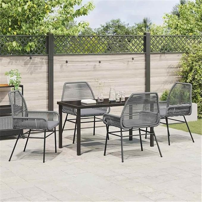 Afuera Living 5 Piece Poly Rattan Garden Dining Set, Black Finish, Cushioned Seats, UV-Resistant Material, Powder-Coated Steel Frame, Tempered Glass Tabletop, Modern Patio Furniture for Outdoor Spaces