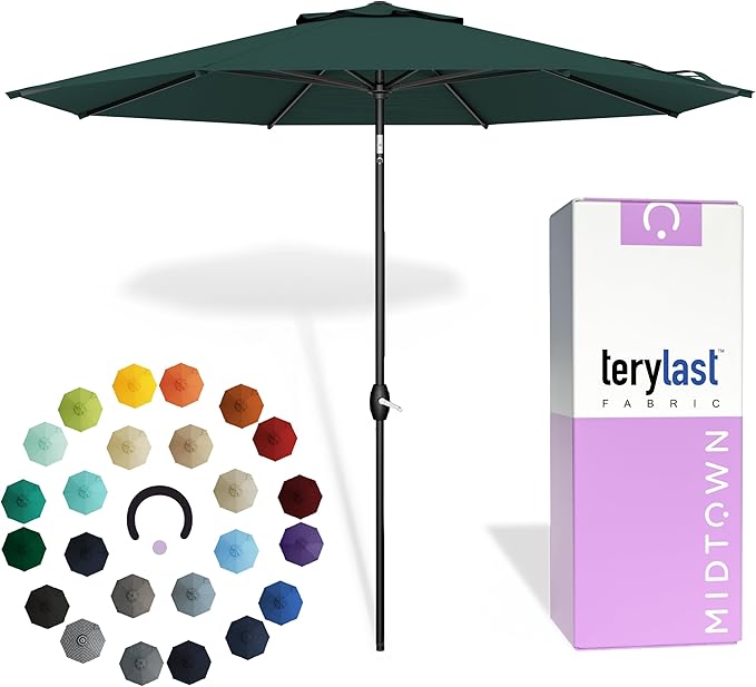 Midtown Umbrellas - 10-Year-No-Fade 10 Ft Patio Umbrella with Terylast Fabric, Auto-Tilt Aluminum Frame and 8 Reinforced Ribs for Deck, Pool, Garden & Beach - Forest Green Canopy, Black Pole