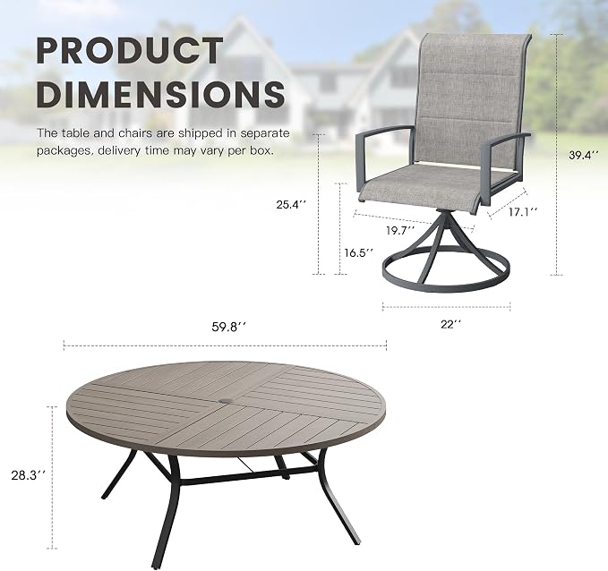 Outdoor Dining Set for 8, 60.1" Outdoor Dining Table with Umbrella Hole and Padded Textilene Patio Swivel Chairs, 9 Pieces Patio Table and Chairs Set for Garden Backyard, Grey