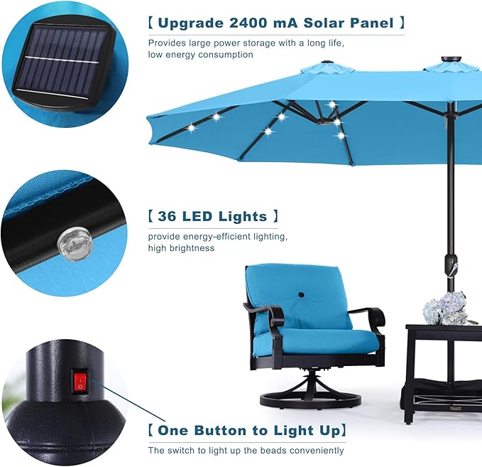 ABCCANOPY 15ft Umbrella Outdoor Patio Solar Lights with Base, Outdoor Double-Sided Rectangle Umbrella for Poolside, Lawn, Backyard (Turquoise)