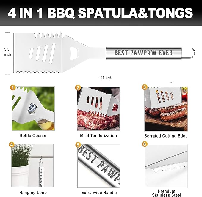 Paw Paw Gifts from Grandkids, Grilling Accessories, Heavy Duty Stainless Steel BBQ Grill Tools for Outdoor Grill with Aluminum Case, Pawpaw Grill Utensils Ideal Christmas Grilling Gift (Black)