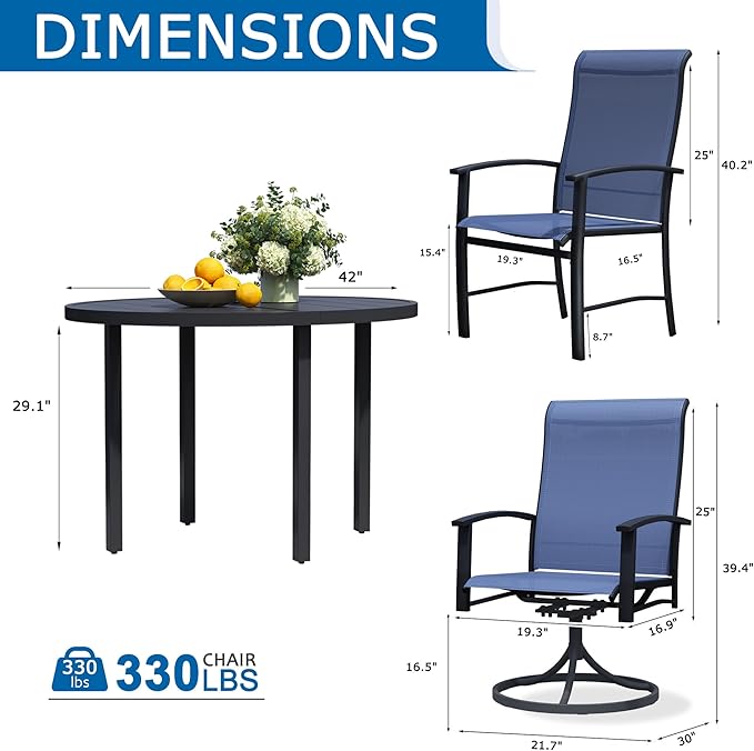 5 Piece Outdoor Patio Dining Set for 4, 42" Black Round Metal Table with 4 Blue Chairs, All-Weather Outdoor Furniture Set for Backyard, Lawn, Deck, or Poolside