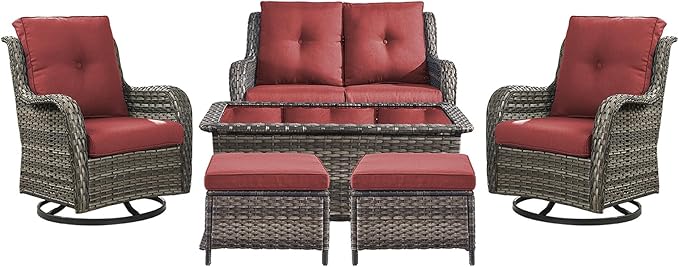 Rilyson Wicker Patio Furniture Set - 6 Piece Rattan Outdoor Sectional Conversation Sets with 2 Swivel Rocking Chairs,2 Ottomans,1 Loveseat and 1 Coffee Table for Porch Deck Garden(Mixed Grey/Red)