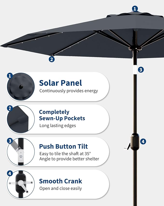 GarveeLife 9 ft Patio Umbrella with Solar Lights, 8 Ribs Outdoor Market Table Umbrella with 32 LED Lights & Tilt Crank for Pool, Deck, Backyard, Gray