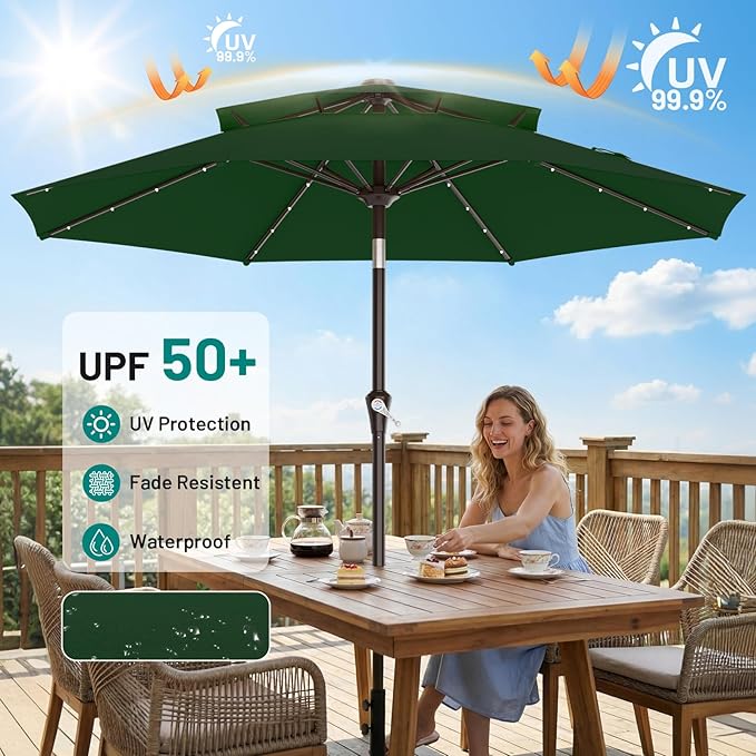 AreShark 9ft 2 Tiers Patio Umbrella with Solar Lights, Outdoor Umbrella w/ 32 LED Lights&8 Sturdy Ribs, Table Umbrella for Deck, Backyard, Pool(Dark Green)
