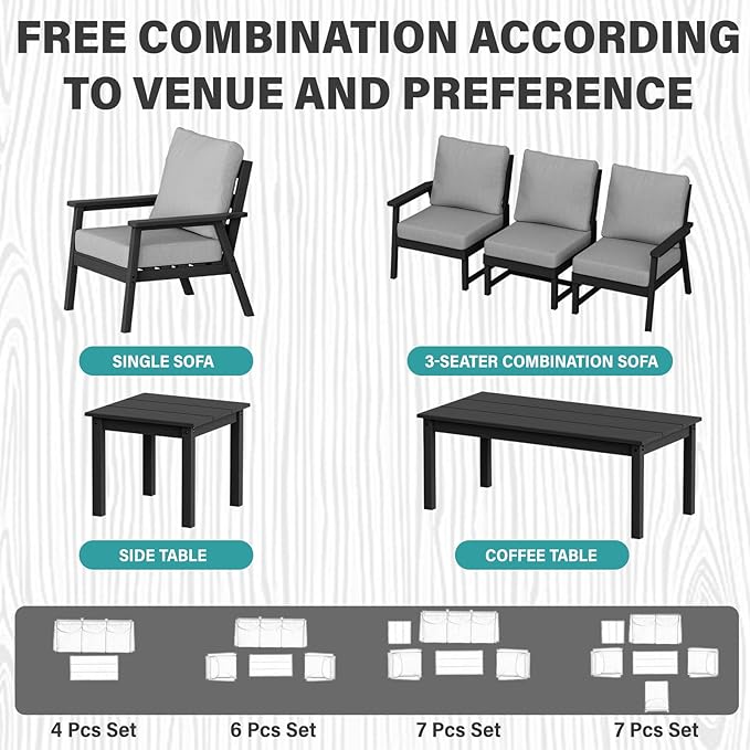 LOUNZY HDPE Patio Furinture Set, 3 Piece Sectional Sofa Outdoor Furniture Set, All Weather Outdoor Couch Set Patio Conversation Set for Deck, Lawn, Black