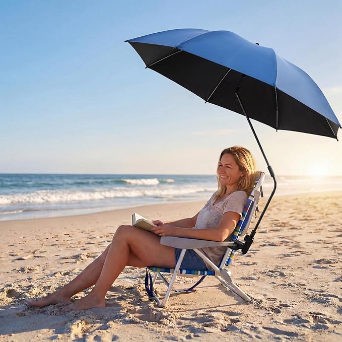 2 Pcs Beach Umbrella with Clamp UV Protection 48 Inch Adjustable Umbrellas for Chair with 360° Universal Clamps for Beach Camping Stroller Wheelchair, Chair Not Included(Deep Blue)