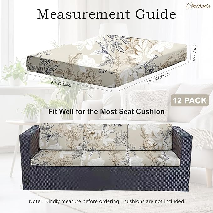CALBODE 12Pcs Outdoor Stretch Cushion Covers,Waterproof Outdoor Chair Floral Cushion Covers for Patio Furniture, Washable Beige Couch Covers Replacement for Patio Furniture
