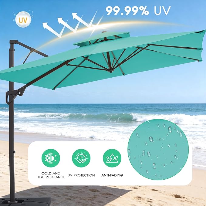 JEAREY 10ft 2-Tier Cantilever Patio Umbrella, Large Square Outdoor Offset Umbrella with Double Top Vent and 360-degree Rotation for Garden, Deck, Pool, Patio, Peacock Blue