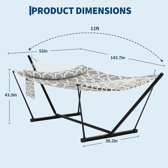 Garvee﻿ 2 Person Hammock with Stand for Outside, Double Hammock with Stand and Pillow, Max 450 Lbs Capacity with Balance Rope, Large Hammock for Outdoor Patio Backyard Poolside