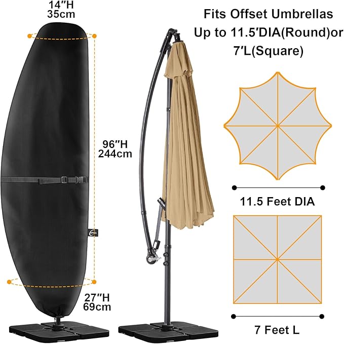 Kipiea Patio Umbrella Cover for 7'-11.5' Offset Umbrella, Upgraded 600D Heavy Duty Outdoor Umbrella Covers with Support Pole and Zipper