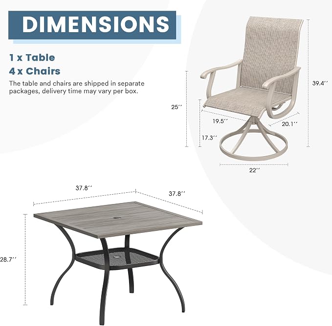 DIFY Patio Table and Chairs Set for 4, 5 Piece Outdoor Dining Set, 37.8" Grey Wood-Like Square Metal Dining Table with Umbrella Hole and 4 Sandshell Textilene Swivel Patio Chairs, for Garden Backyard