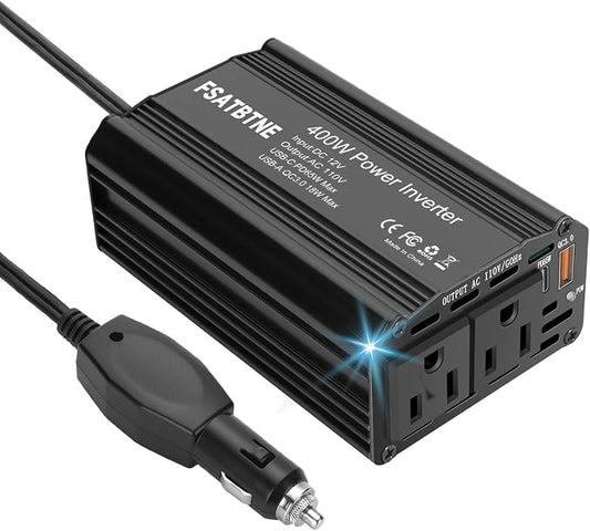 400W Power Inverter, FSATBTNE DC 12V to 110V AC Car Plug Adapter Outlet Converter with [65W PD USB-C] & [18W QC USB-A] Fast Charging Ports and 2 AC Outlets Car Power Inverters for Vehicles Black