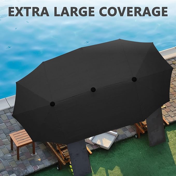 13Ft Large Patio Umbrella with Base Outdoor Double-Sided Market Extra Large Table Umbrella Easy Crank for Yard, Poolside, Deck-Black