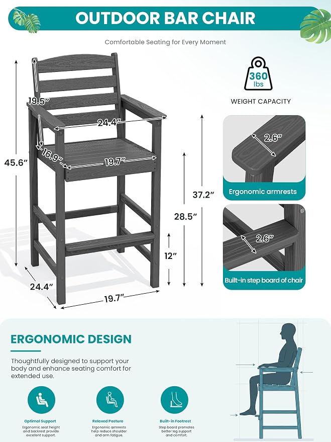 SERWALL Tall Adirondack Chairs Set of 2, Balcony Adirondack Chairs Set, Outdoor Bar Height Widened Chair Set for Bistro, Poolside, Garden, Grey
