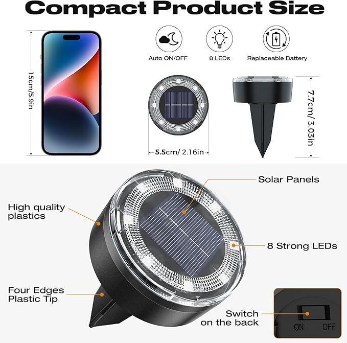 vighep Mini Solar Ground Lights, 2 Pack Solar Lights Outdoor Waterproof, Upgraded LED Flat Landscape Lighting for Outside Pathway Garden Patio Yard Driveway,Cold White