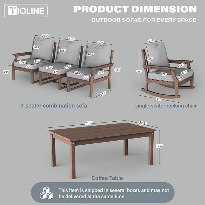 HDPE Patio Conversation Set, 6-Piece All Weather Outdoor Furniture Set with 2 Single Rocking Armchairs for Deck, Lawn, with Cushion, Brown