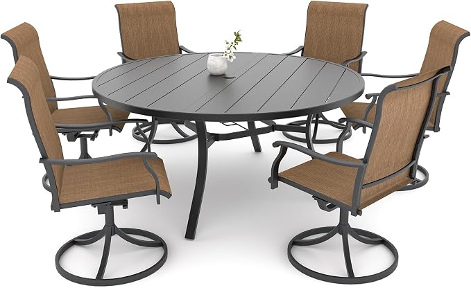 Patio Table and Chairs Set for 6 Person,54"x 54"x 28" Round Steel Slat Outdoor Table with 6 Breathable Textilene Swivel Chairs for Deck/Backyard/Poolside/Garden