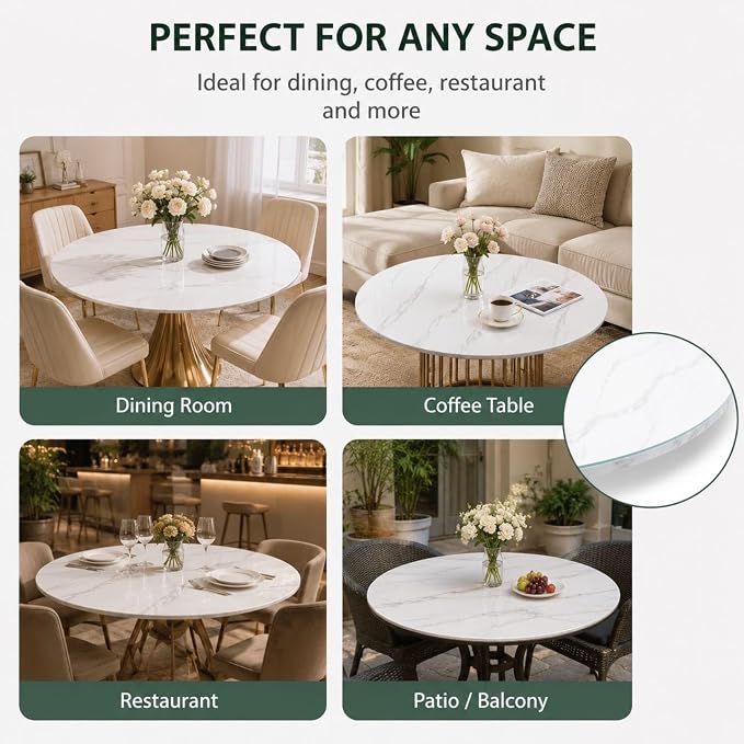 32" Round Tempered Glass Table Top, 5/16" (8mm) Thick, Marble Pattern Replacement, Heavy-Duty, Heat & Scratch Resistant for Coffee, Dining & Patio Tables, White