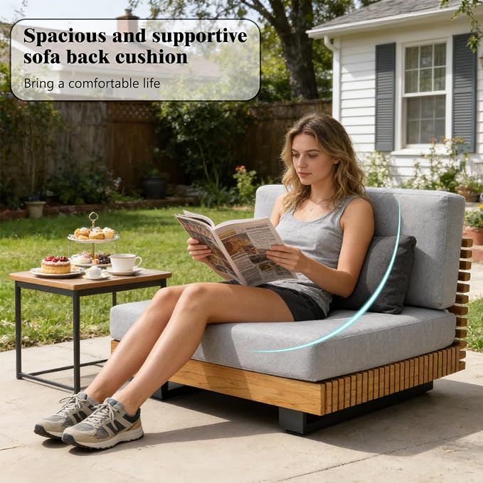 OTSUN Outdoor Sofa, Teak Wood Armless Slatted Base & Aluminum Frame Single Seat Weather Resistant for Patio Backyard Poolside