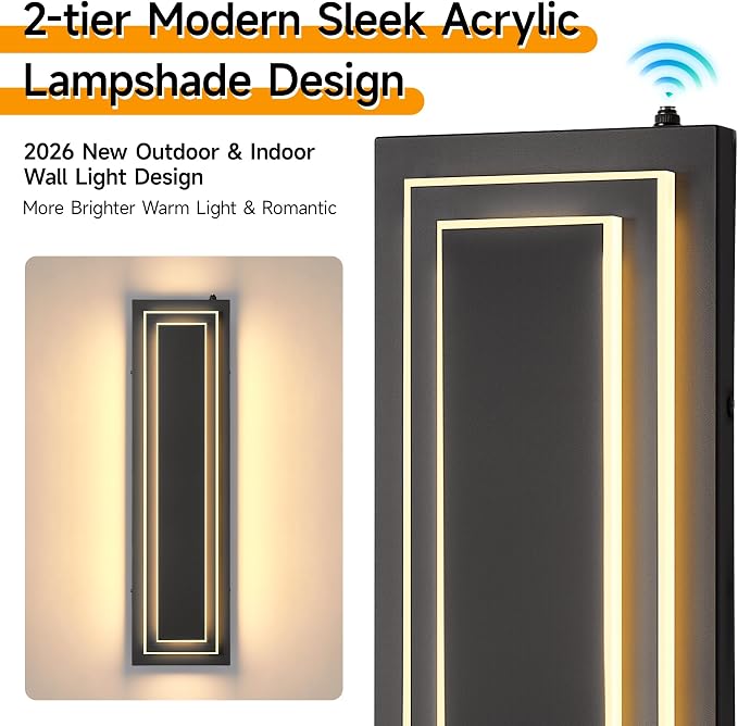 23.6 in Dusk to Dawn Exterior Lighting Fixtures,Outdoor Wall Lights | 2-Tier Black Modern LED Exterior Wall Sconce For Garage, Outdoor Porch Lights Wall Mount,Waterproof ,3000K,36W, 2 Packs