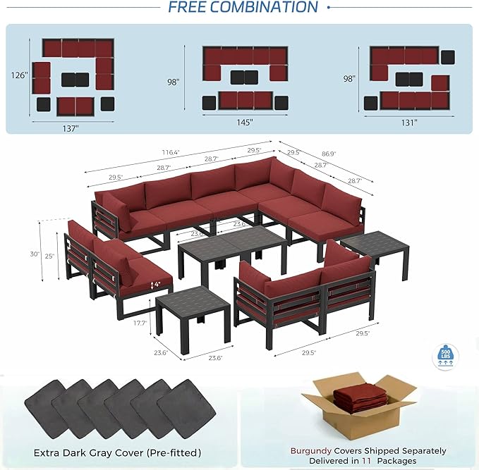 NICESOUL 10 Seat Large Luxury Aluminum Patio Conversation Set with Side Table, 29" Deep Wide Seating, Modular Sectional Couch, 500 lbs Heavy Duty All Weather Outdoor Sofa for Backyard Deck, Burgundy