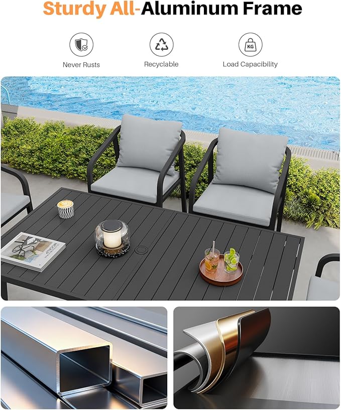 7-Piece Patio Dining Set, Never-Rust Aluminum Outdoor Dining Set for 6, Rectangular Outdoor Table and Chairs Set with Washable Cushions, Patio Furniture Set for Poolside, Lawn, Backyard, Black