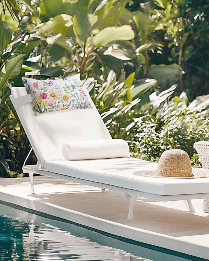 Wildflowers Outdoor Recliner Pillows for Head, Waterproof Chair Pillow with Elastic Stripe, Spring Farmhouse Tulip Floral Leaf Wooden Grain Chaise Lounge Headrest Pillow for Patio/Beach 1Pack, 12"x20"