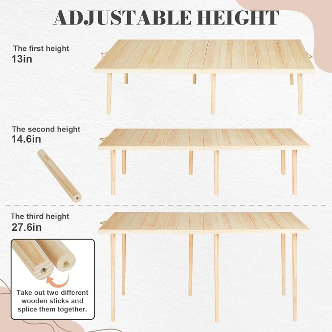 Boho Picnic Table, 60x30 Low Foldable Picnic Table 3 Height Adjustable Solid Pine Outdoor for Beach Camping BBQs