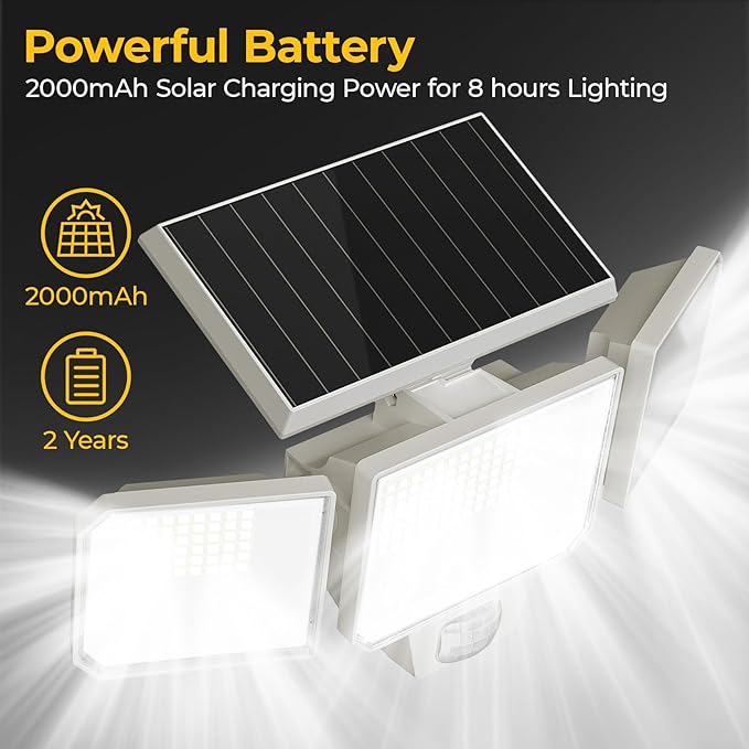 Solar Motion Sensor Lights with Remote Control, IP65 Waterproof LED Solar Wall Lights, Solar Flood Security Light with 3 Modes for Porch Garage Garden Yard Patio (White, 2 Pack)